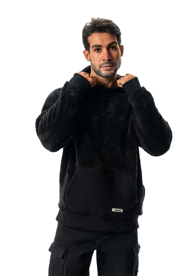 Black fur cotton hoodie